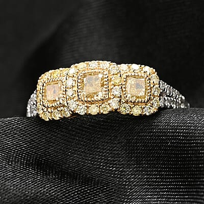JCK Modani Closeout Natural Yellow and White Diamond (SI) 0.93 ctw Trilogy Ring in 14K White and Yellow Gold (Size 6.0)