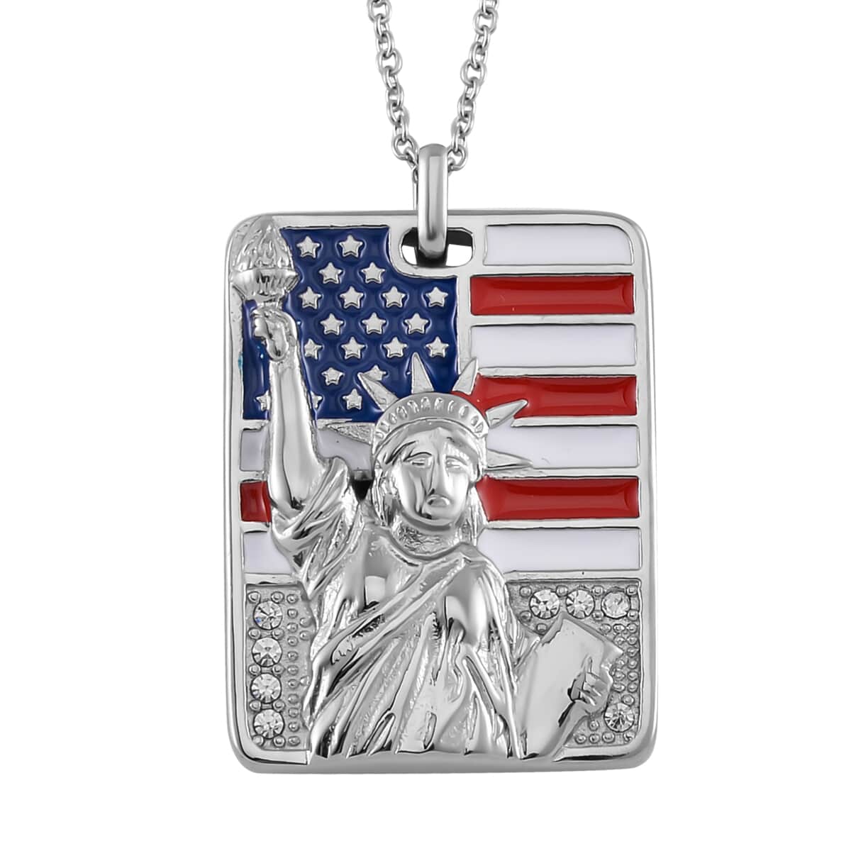 White Austrian Crystal American Flag with Statue of Liberty Necklace 20-22 Inches in Stainless Steel image number 0