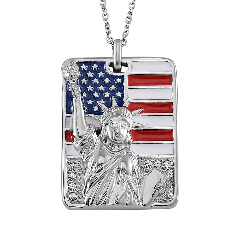 White Austrian Crystal American Flag with Statue of Liberty Necklace 20-22 Inches in Stainless Steel