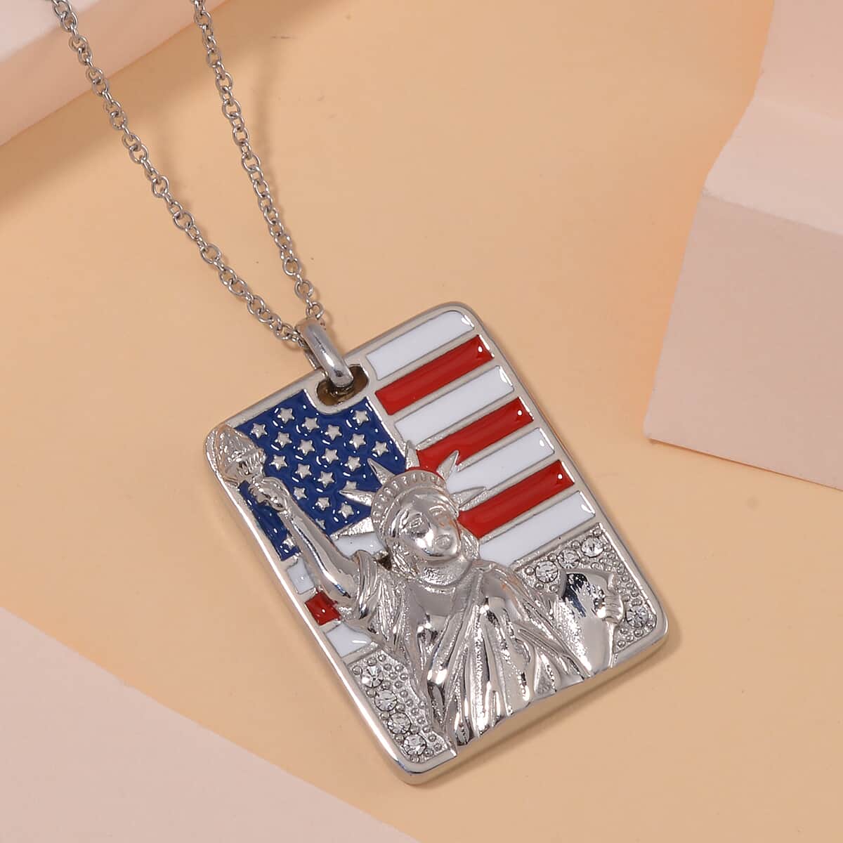 White Austrian Crystal American Flag with Statue of Liberty Necklace 20-22 Inches in Stainless Steel image number 1