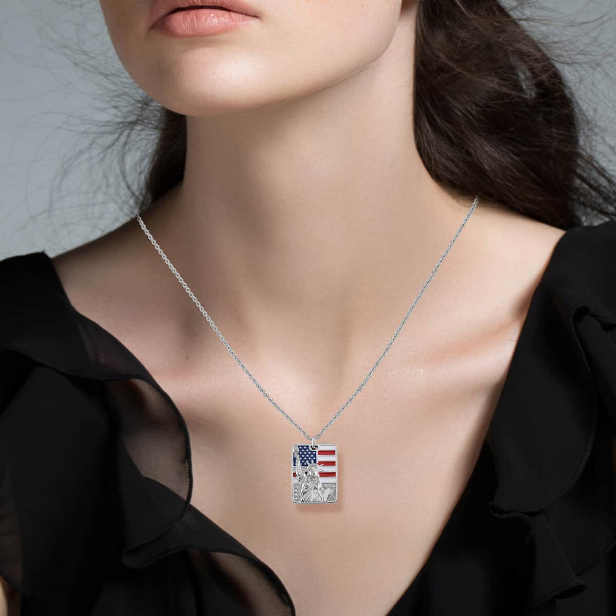 White Austrian Crystal American Flag with Statue of Liberty Necklace 20-22 Inches in Stainless Steel image number 2