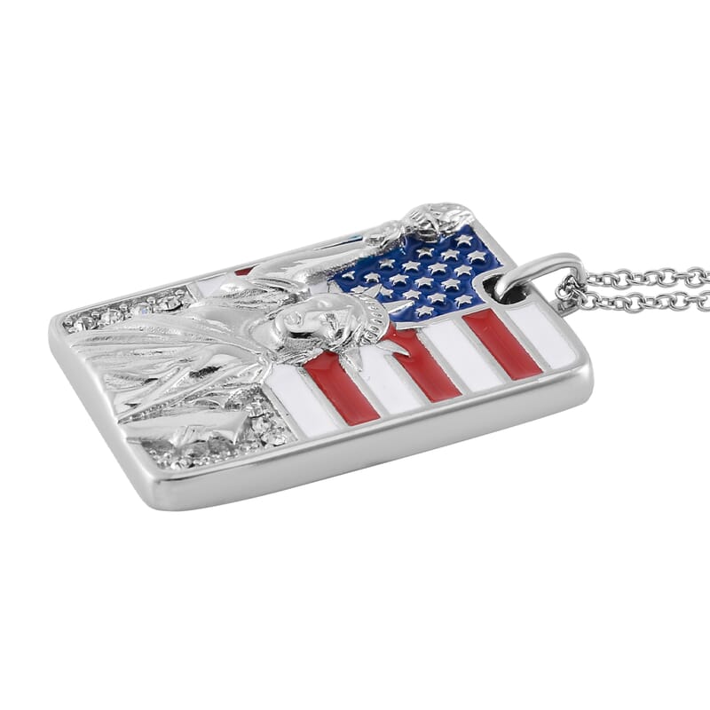 White Austrian Crystal American Flag with Statue of Liberty Necklace 20-22 Inches in Stainless Steel
