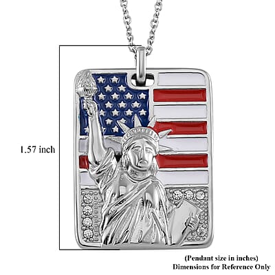 White Austrian Crystal American Flag with Statue of Liberty Necklace 20-22 Inches in Stainless Steel