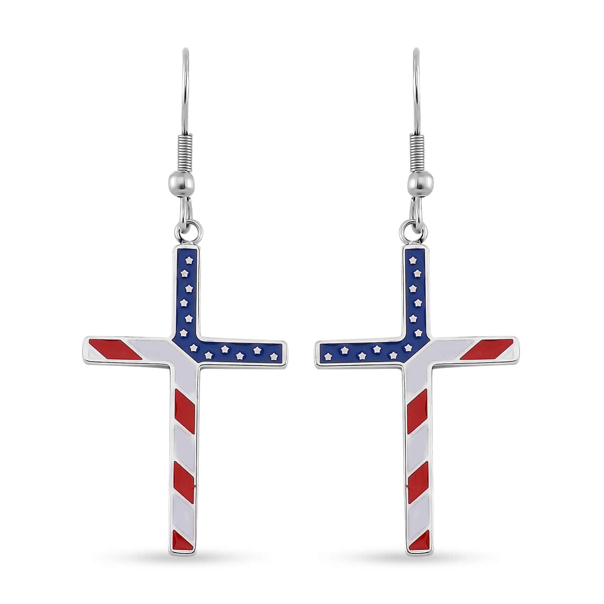Enameled American National Flag Cross Earrings in Stainless Steel image number 0