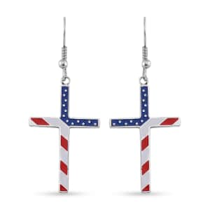 Enameled American National Flag Cross Earrings in Stainless Steel