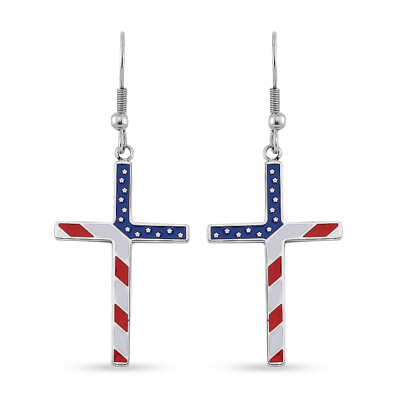 Enameled American National Flag Cross Earrings in Stainless Steel