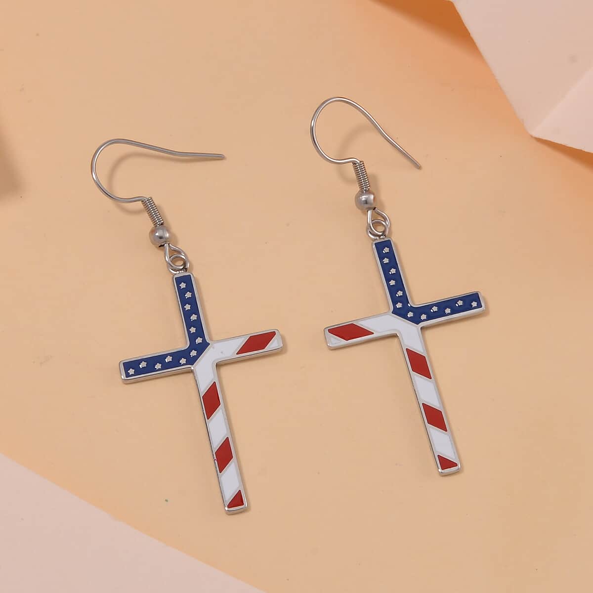 Enameled American National Flag Cross Earrings in Stainless Steel image number 1