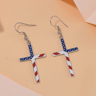Enameled American National Flag Cross Earrings in Stainless Steel