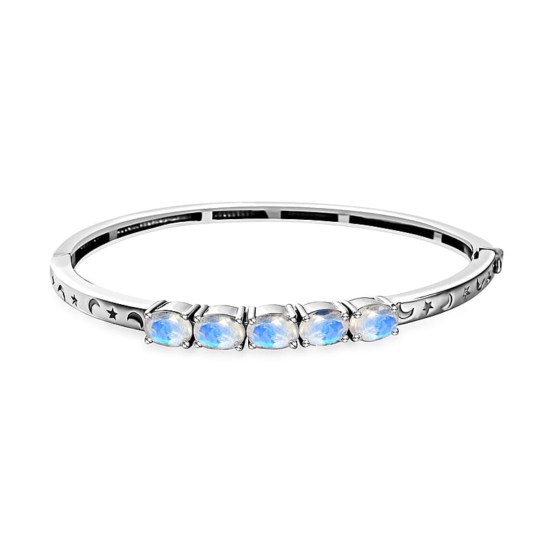 Karis Moon Glow Moonstone Moon and Star Bangle Bracelet in Platinum Bond (6.50 In) 4.15 ctw