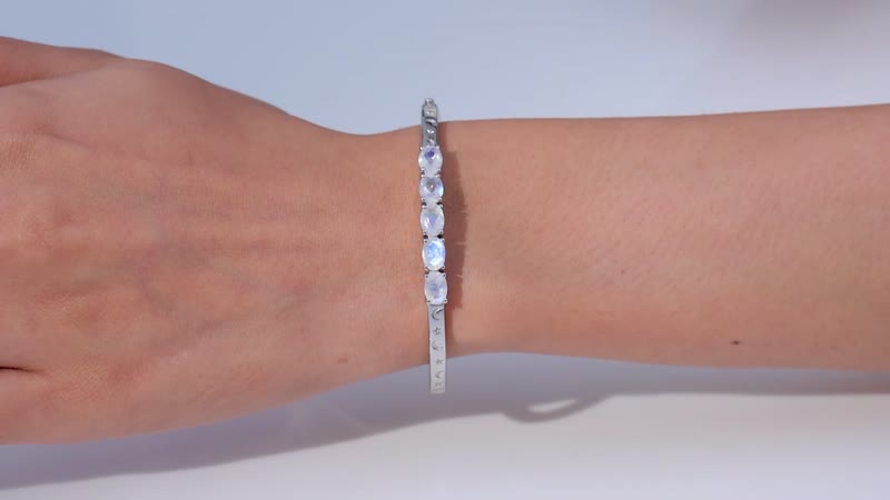 Karis Moon Glow Moonstone Moon and Star Bangle Bracelet in Platinum Bond (6.50 In) 3.60 ctw