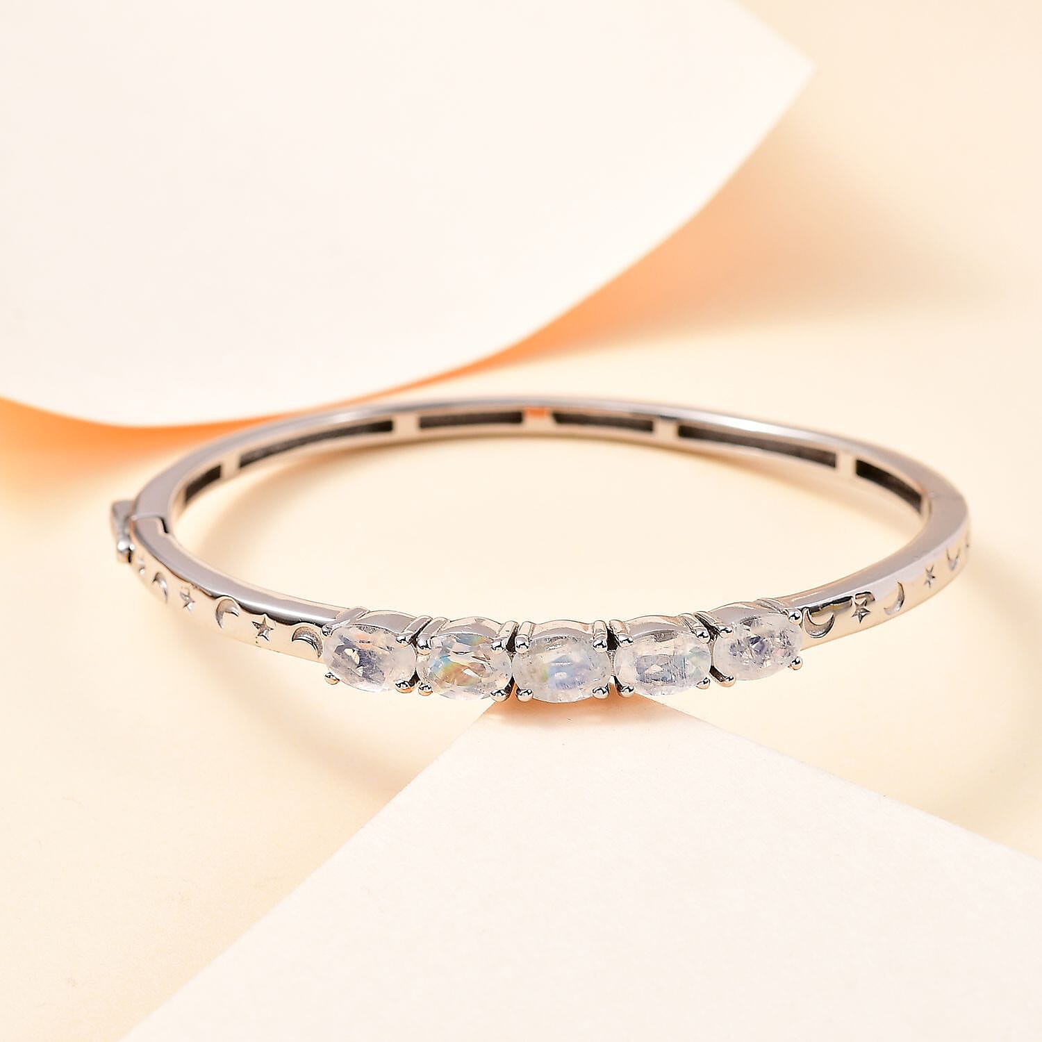 Karis Moon Glow Moonstone Moon and Star Bangle Bracelet in Platinum Bond (6.50 In) 4.15 ctw