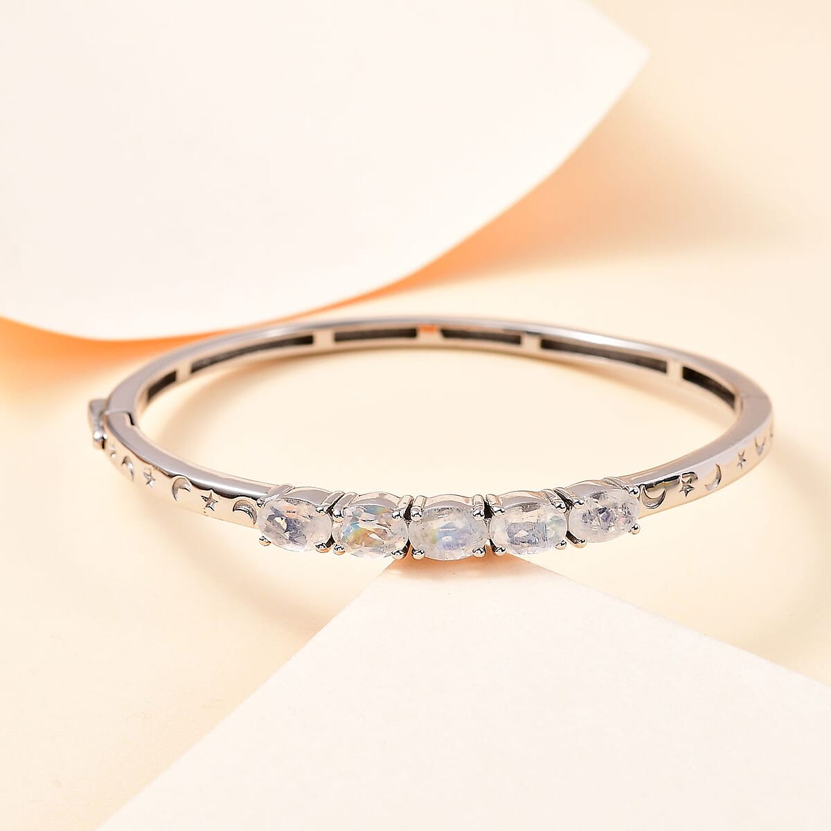 Karis Moon Glow Moonstone Moon and Star Bangle Bracelet in Platinum Bond (6.50 In) 3.60 ctw image number 1