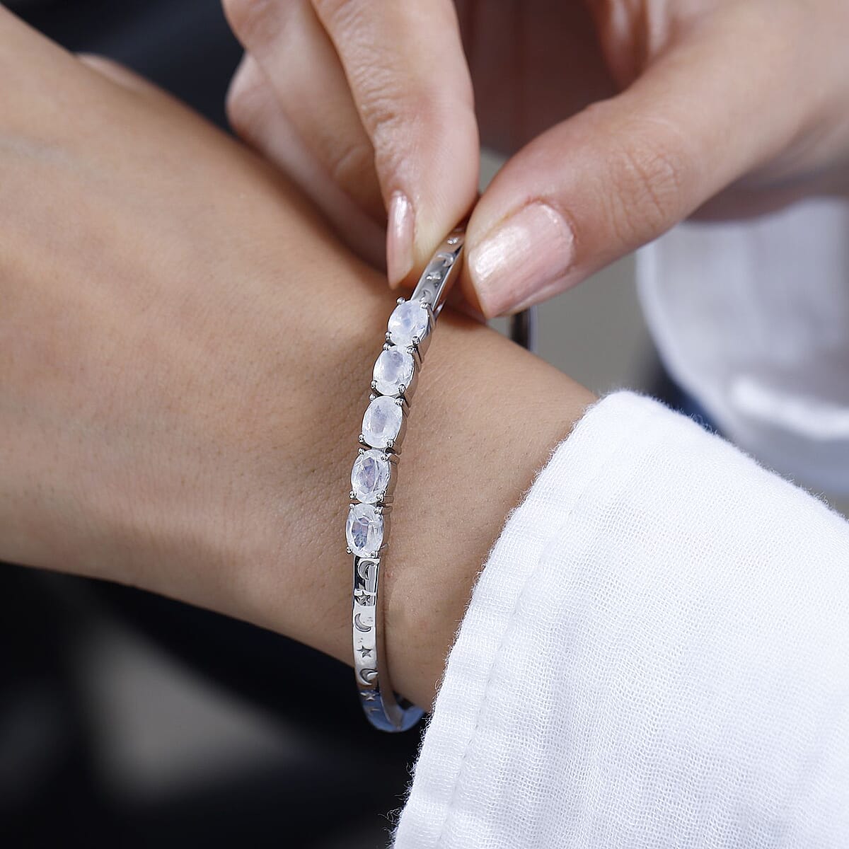 Karis Moon Glow Moonstone Moon and Star Bangle Bracelet in Platinum Bond (6.50 In) 3.60 ctw image number 2
