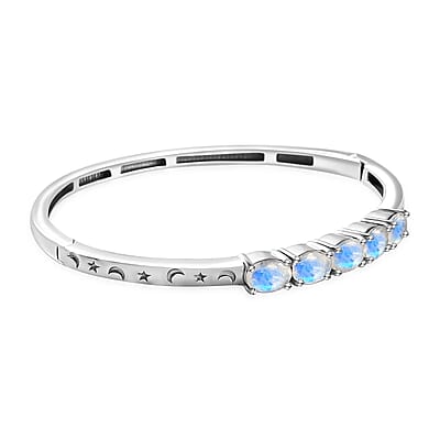 Karis Moon Glow Moonstone Moon and Star Bangle Bracelet in Platinum Bond (6.50 In) 4.15 ctw