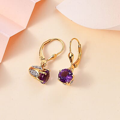 African Amethyst and White Zircon Earrings in Vermeil Yellow Gold Over Sterling Silver 3.30 ctw