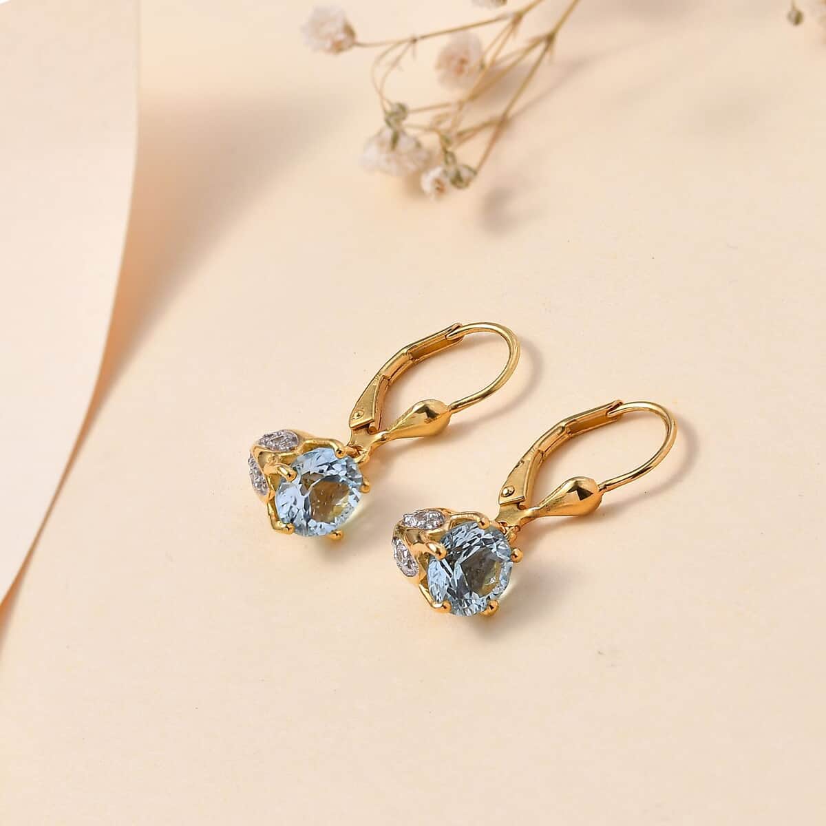 Sky Blue Topaz and White Zircon Lever Back Earrings in Vermeil YG Over Sterling Silver 3.73 ctw image number 1