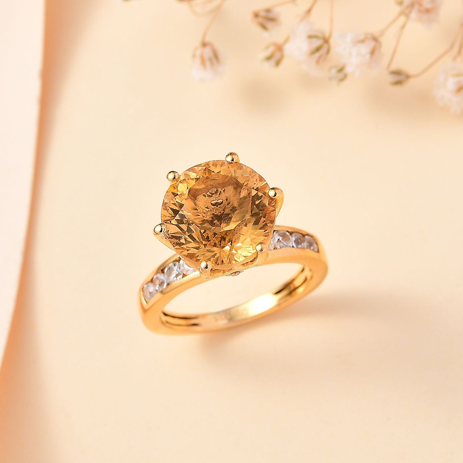 Millennium Cut Brazilian Citrine and White Zircon Ring in Vermeil Yellow Gold Over Sterling Silver (Size 5.0) 5.60 ctw
