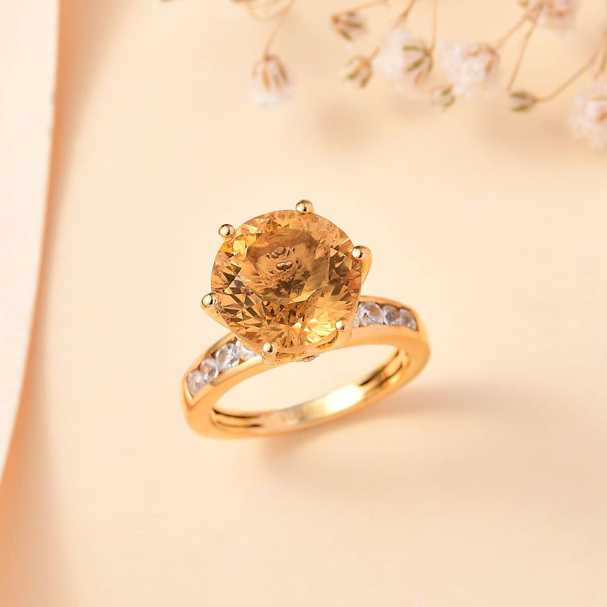 Millennium Cut Brazilian Citrine and White Zircon Ring in Vermeil Yellow Gold Over Sterling Silver (Size 5.0) 5.60 ctw image number 1