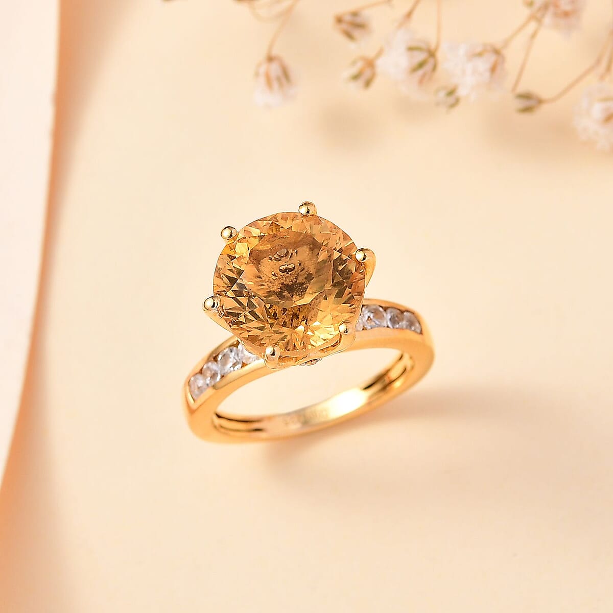 Millennium Cut Brazilian Citrine and White Zircon Ring in Vermeil Yellow Gold Over Sterling Silver (Size 7.0) 5.60 ctw image number 1