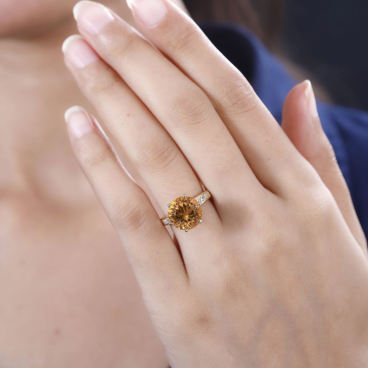 Millennium Cut Brazilian Citrine and White Zircon Ring in Vermeil Yellow Gold Over Sterling Silver (Size 7.0) 5.60 ctw image number 2