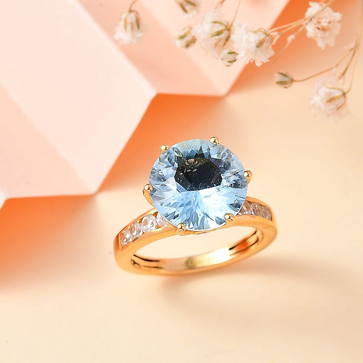 Millennium Cut Sky Blue Topaz and White Zircon Ring in Vermeil Yellow Gold Over Sterling Silver (Size 5.0) 6.40 ctw image number 1