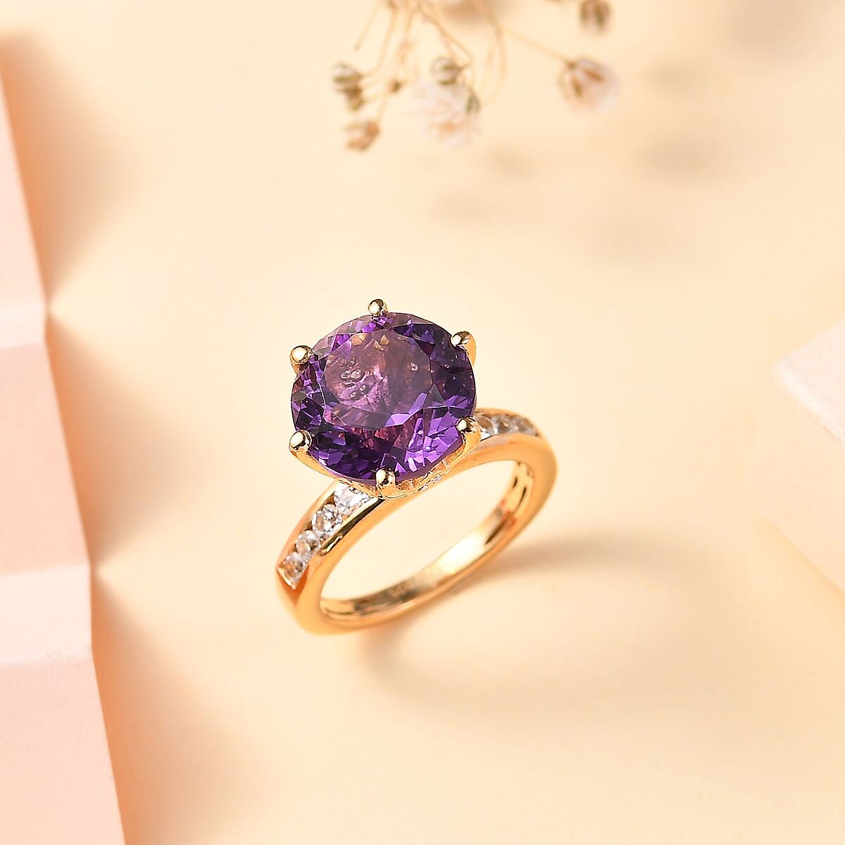 Millennium Cut African Amethyst and White Zircon Ring in Vermeil Yellow Gold Over Sterling Silver (Size 10.0) 6.00 ctw image number 1