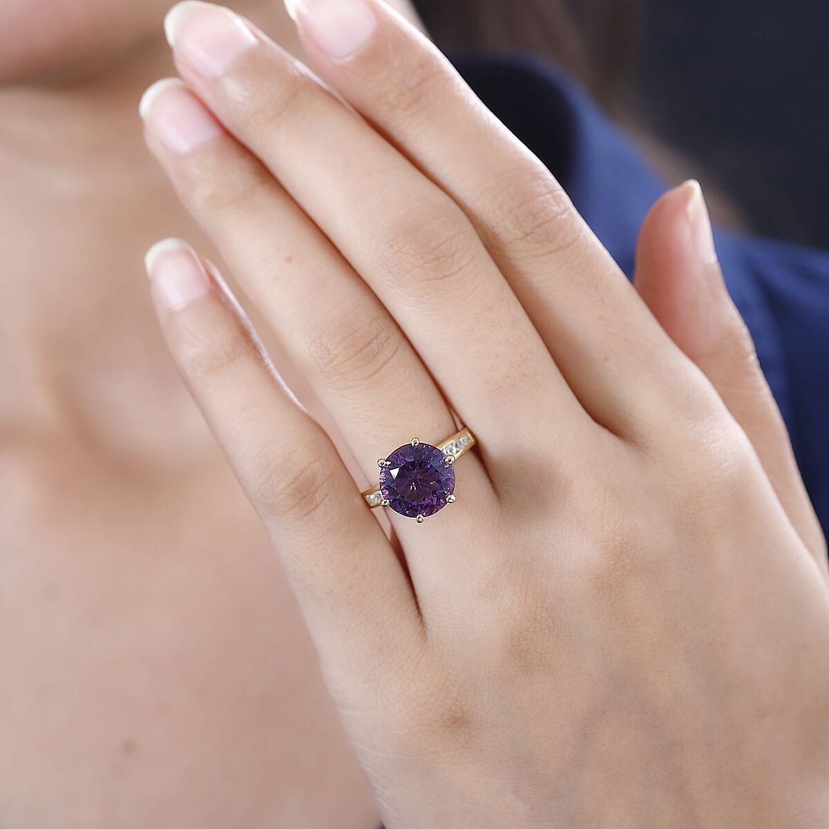 Millennium Cut African Amethyst and White Zircon Ring in Vermeil Yellow Gold Over Sterling Silver (Size 10.0) 6.00 ctw image number 2