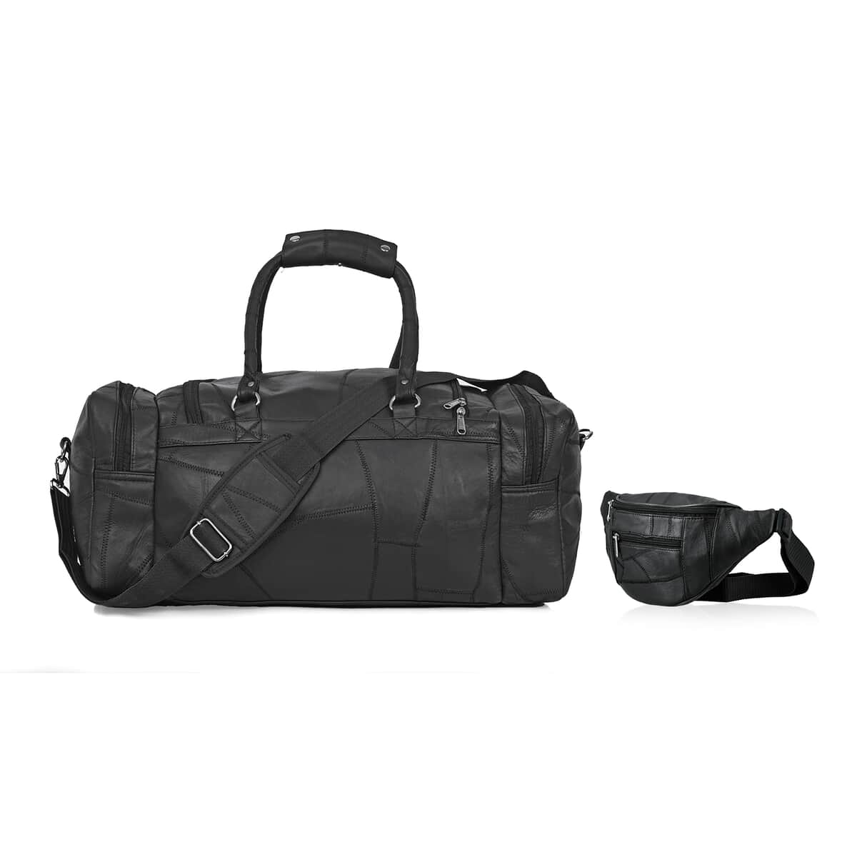 Black Genuine Patch Leather Duffle Bag with Shoulder Strap and Fanny Pack image number 0