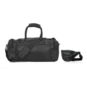 Doorbuster Black Genuine Patch Leather Duffle Bag (20.5x8.5x9) with Shoulder Strap and Fanny Pack