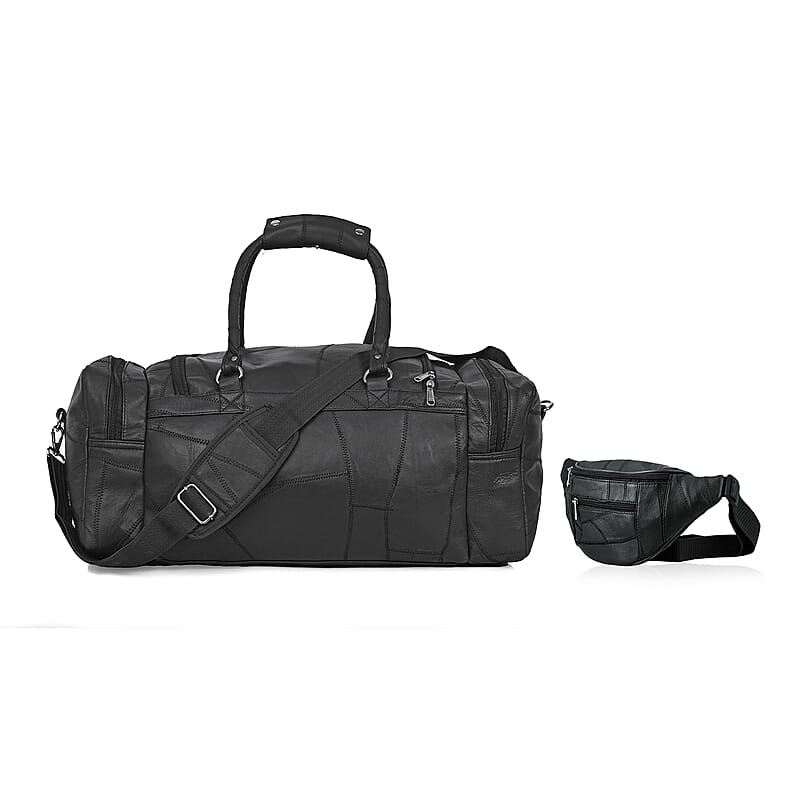 Black Genuine Patch Leather Duffle Bag with Shoulder Strap and Fanny Pack