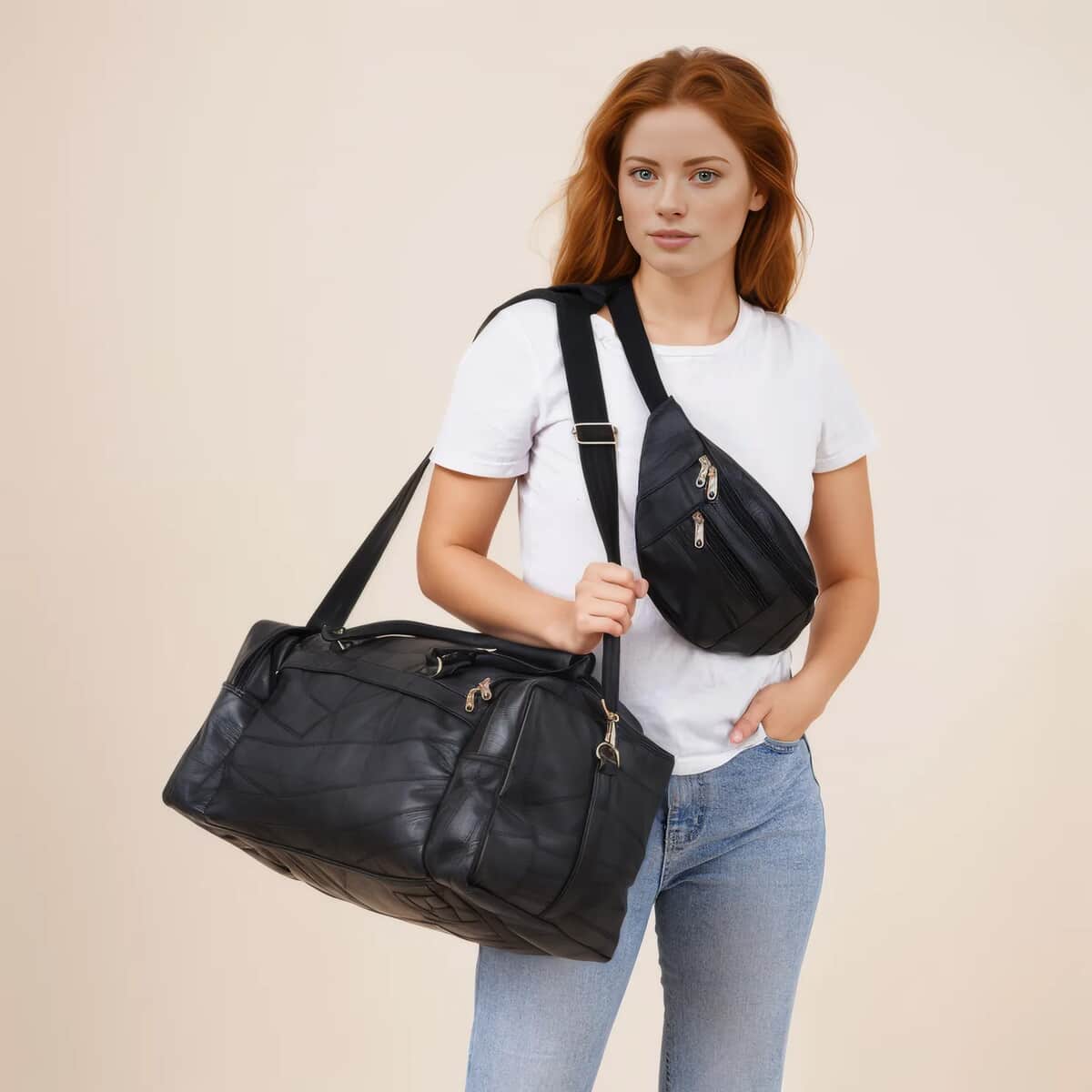 Black Genuine Patch Leather Duffle Bag with Shoulder Strap and Fanny Pack image number 1