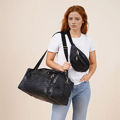 Black Genuine Patch Leather Duffle Bag with Shoulder Strap and Fanny Pack