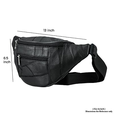 Black Genuine Patch Leather Duffle Bag with Shoulder Strap and Fanny Pack