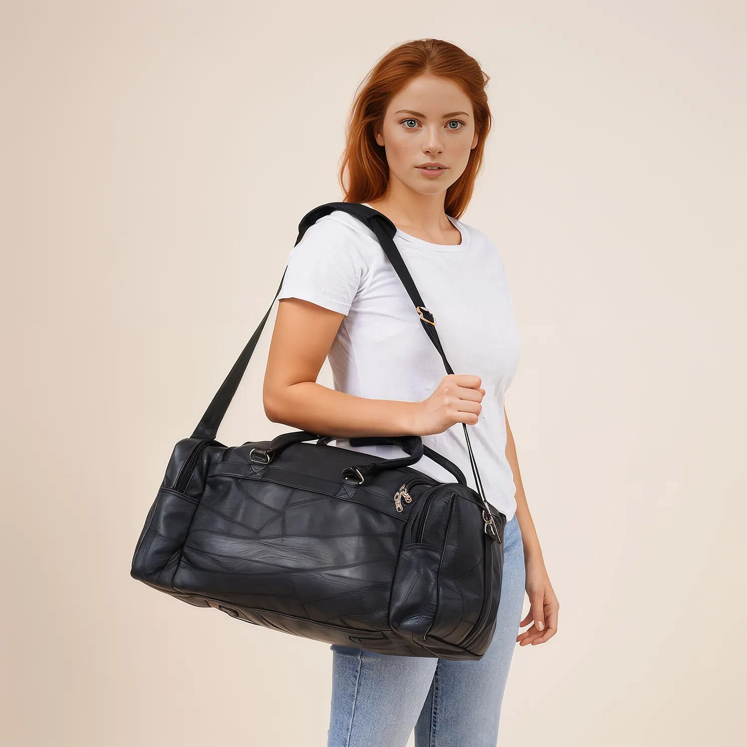 Black Genuine Patch Leather Duffle Bag with Shoulder Strap and Fanny Pack