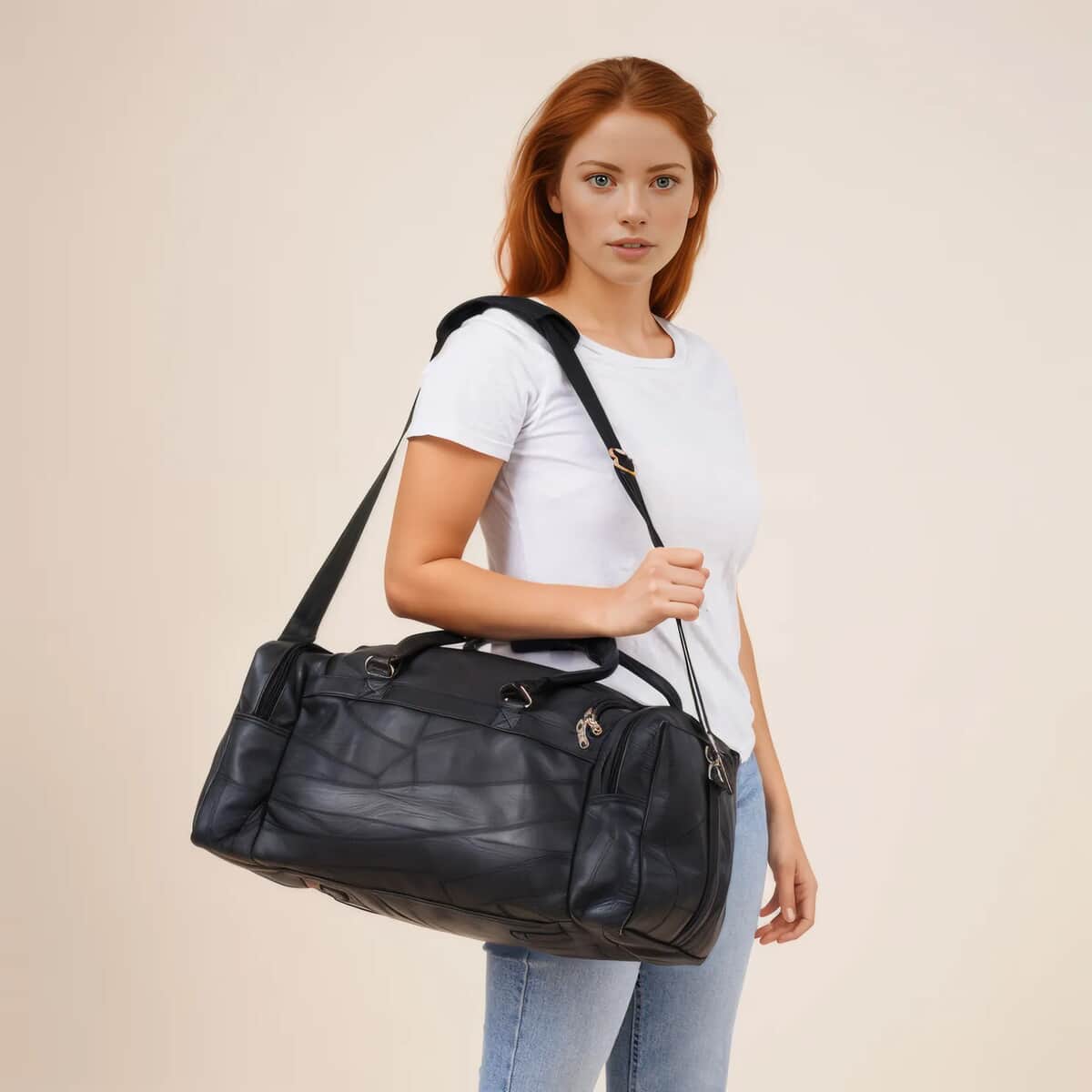 Black Genuine Patch Leather Duffle Bag with Shoulder Strap and Fanny Pack image number 4