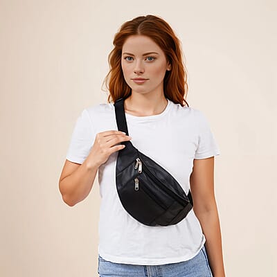 Black Genuine Patch Leather Duffle Bag with Shoulder Strap and Fanny Pack