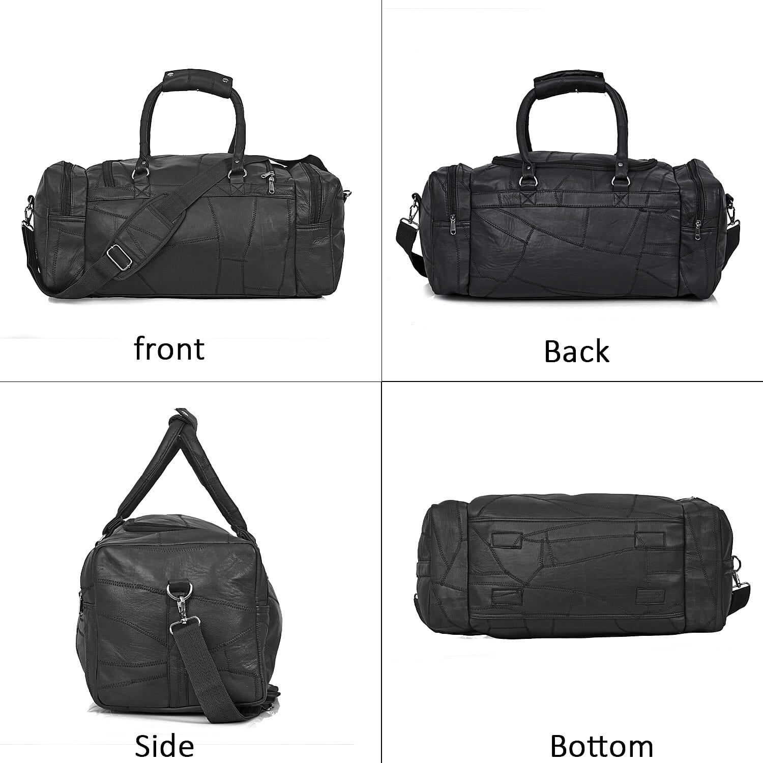 Black Genuine Patch Leather Duffle Bag with Shoulder Strap and Fanny Pack