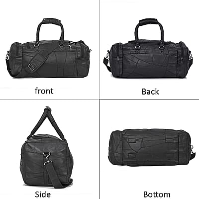 Black Genuine Patch Leather Duffle Bag with Shoulder Strap and Fanny Pack