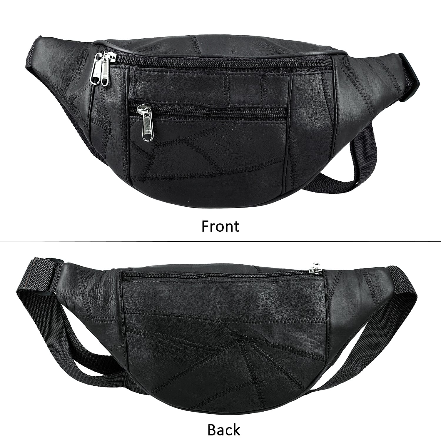 Black Genuine Patch Leather Duffle Bag with Shoulder Strap and Fanny Pack