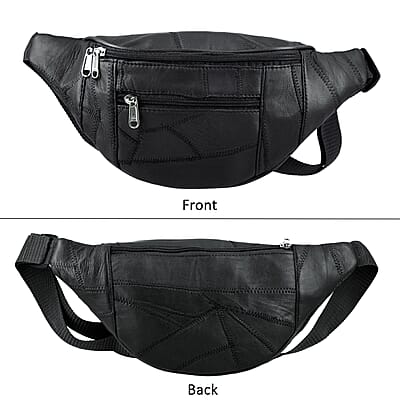 Black Genuine Patch Leather Duffle Bag with Shoulder Strap and Fanny Pack
