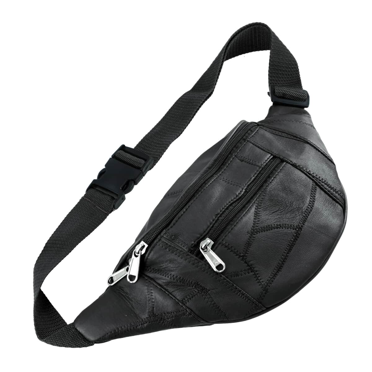 Black Genuine Patch Leather Duffle Bag with Shoulder Strap and Fanny Pack image number 8