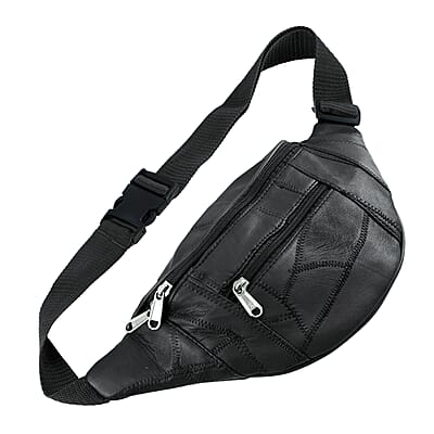 Black Genuine Patch Leather Duffle Bag with Shoulder Strap and Fanny Pack