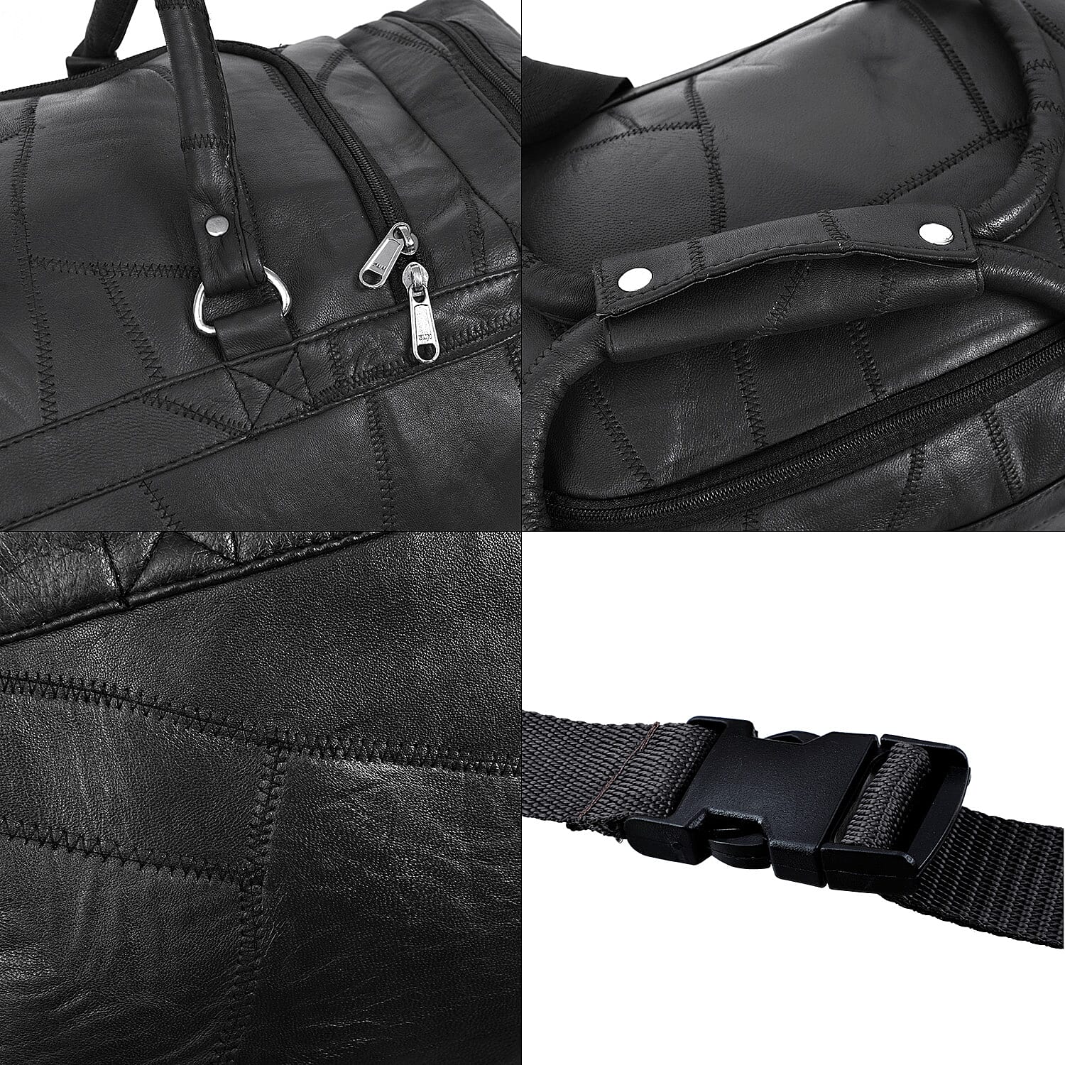 Black Genuine Patch Leather Duffle Bag with Shoulder Strap and Fanny Pack