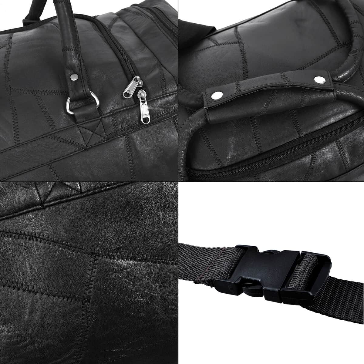 Black Genuine Patch Leather Duffle Bag with Shoulder Strap and Fanny Pack image number 9