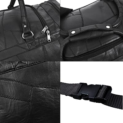 Black Genuine Patch Leather Duffle Bag with Shoulder Strap and Fanny Pack
