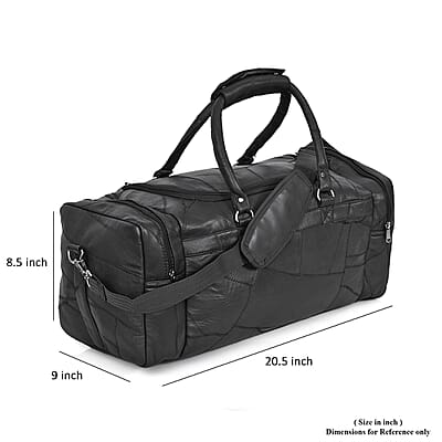 Black Genuine Patch Leather Duffle Bag with Shoulder Strap and Fanny Pack