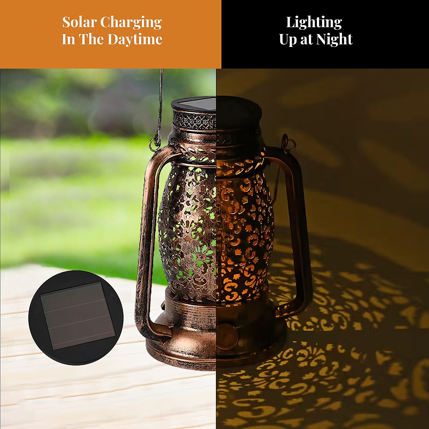 LED Solar Hollowed-Out Design Lantern in Bronze Metallic Exterior