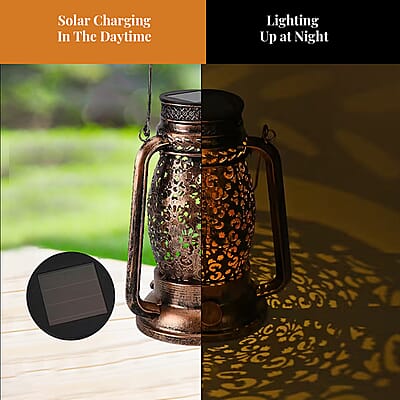 LED Solar Hollowed-Out Design Lantern in Bronze Metallic Exterior