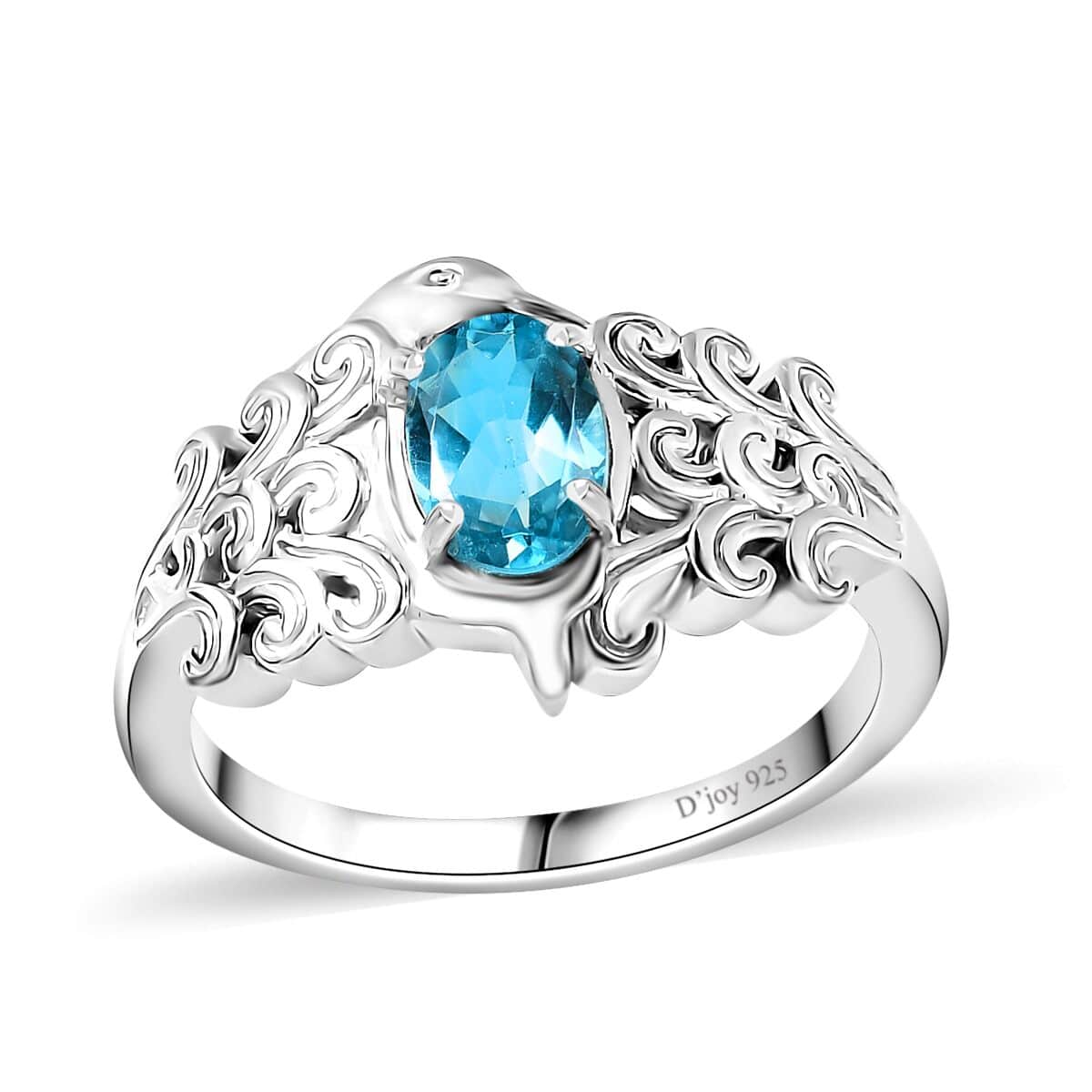 Premium Batroke Blue Apatite Dolphin Ring in Rhodium Over Sterling Silver (Size 7.0) 0.80 ctw image number 0