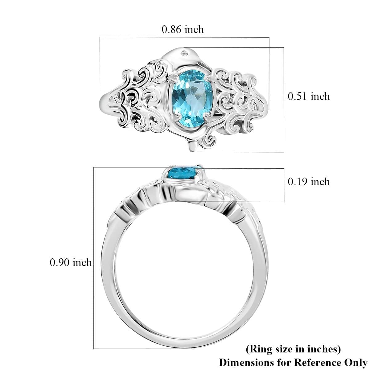 Premium Batroke Blue Apatite Dolphin Ring in Rhodium Over Sterling Silver (Size 7.0) 0.80 ctw image number 5